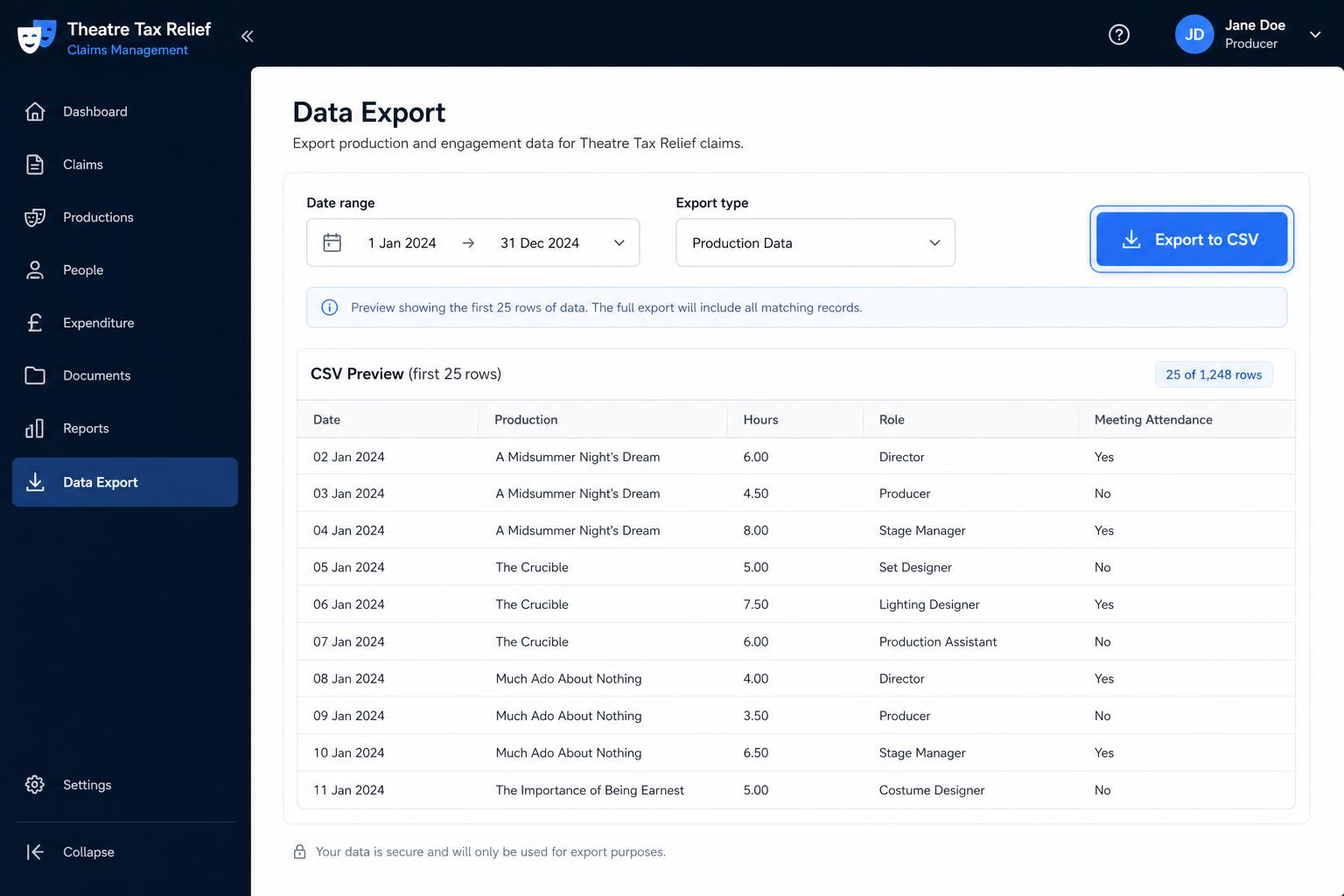 TTR Export interface screenshot